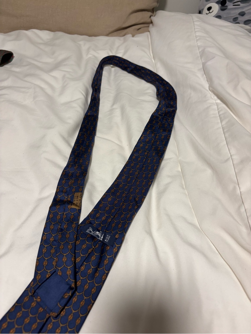 Hermes Navy Blue Silk Tie with Brown Chain Link Pattern